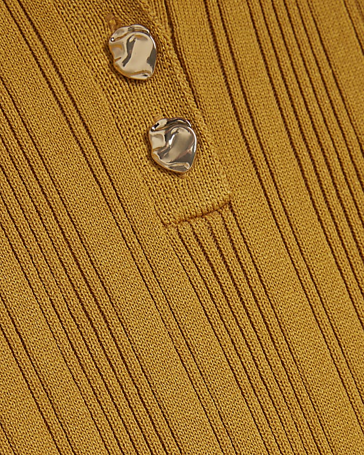 Yellow Knit Long Sleeve Polo Top