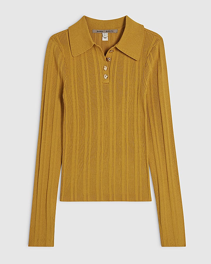 Yellow Knit Long Sleeve Polo Top