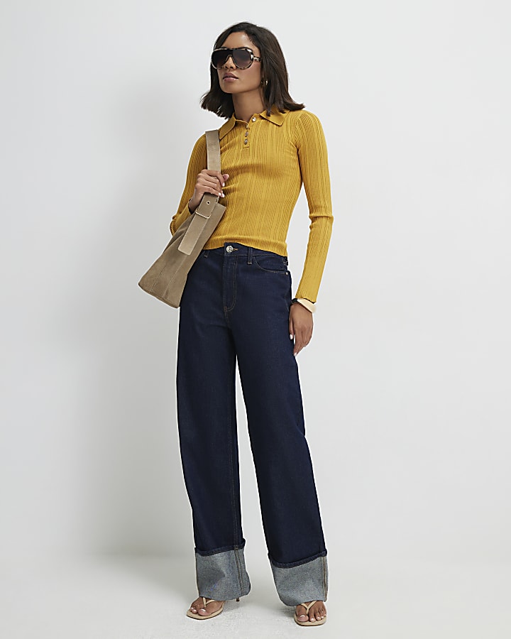 Yellow Knit Long Sleeve Polo Top