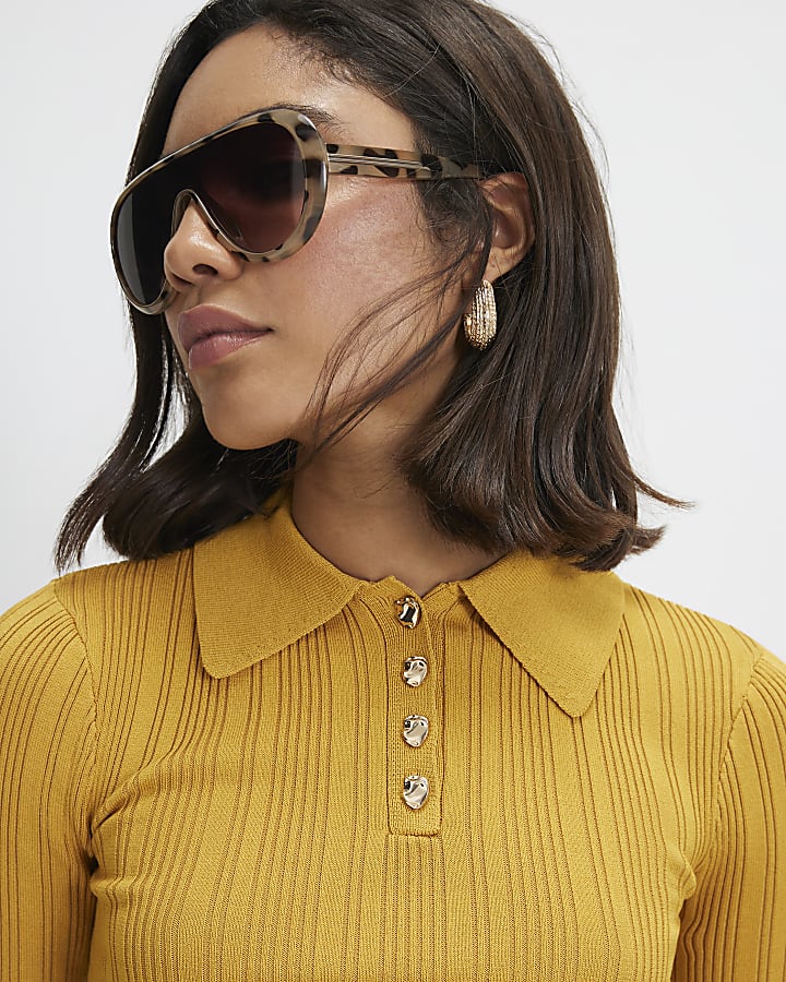 Yellow Knit Long Sleeve Polo Top