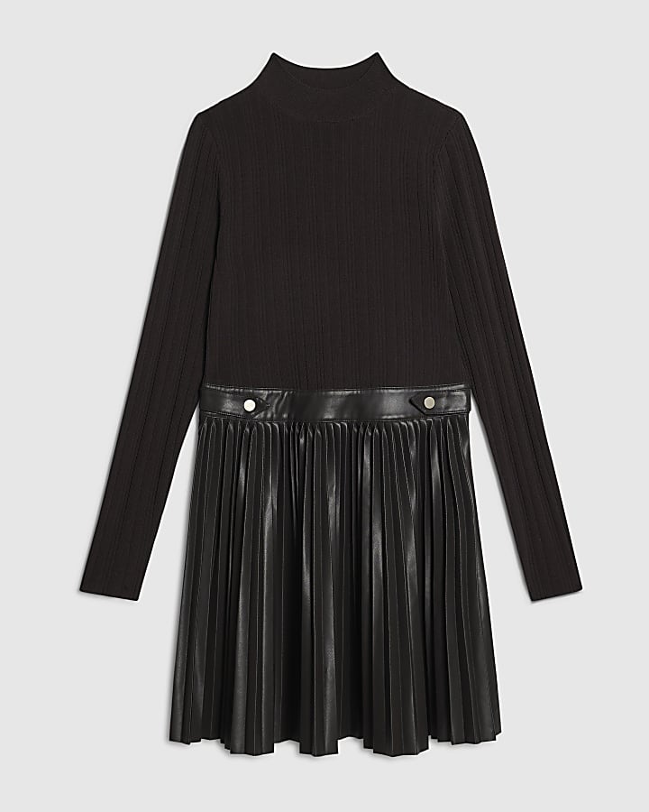 Brown Hybrid Knit Pleat Hem Mini Dress