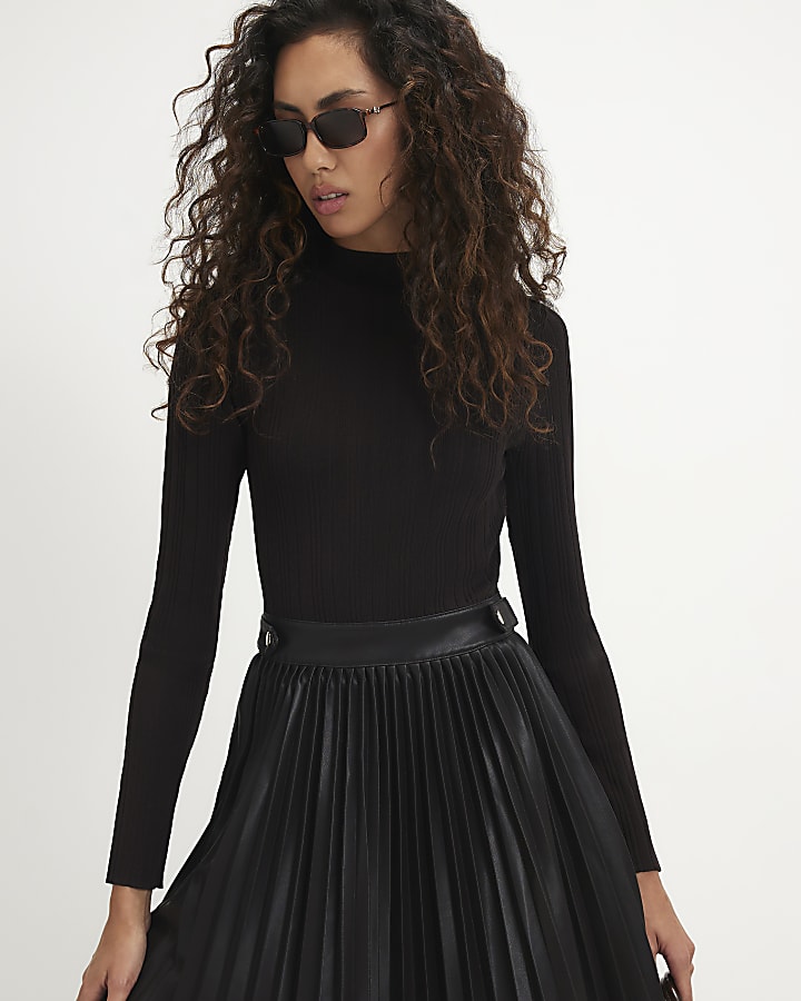 Brown Hybrid Knit Pleat Hem Mini Dress