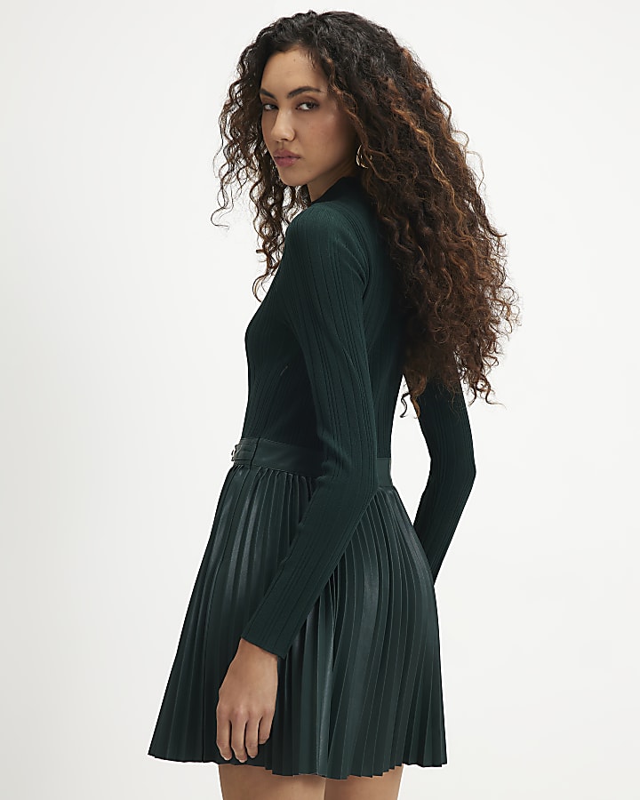 Green Hybrid Knit Pleat Hem Mini Dress