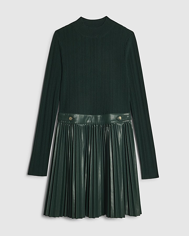 Green Hybrid Knit Pleat Hem Mini Dress