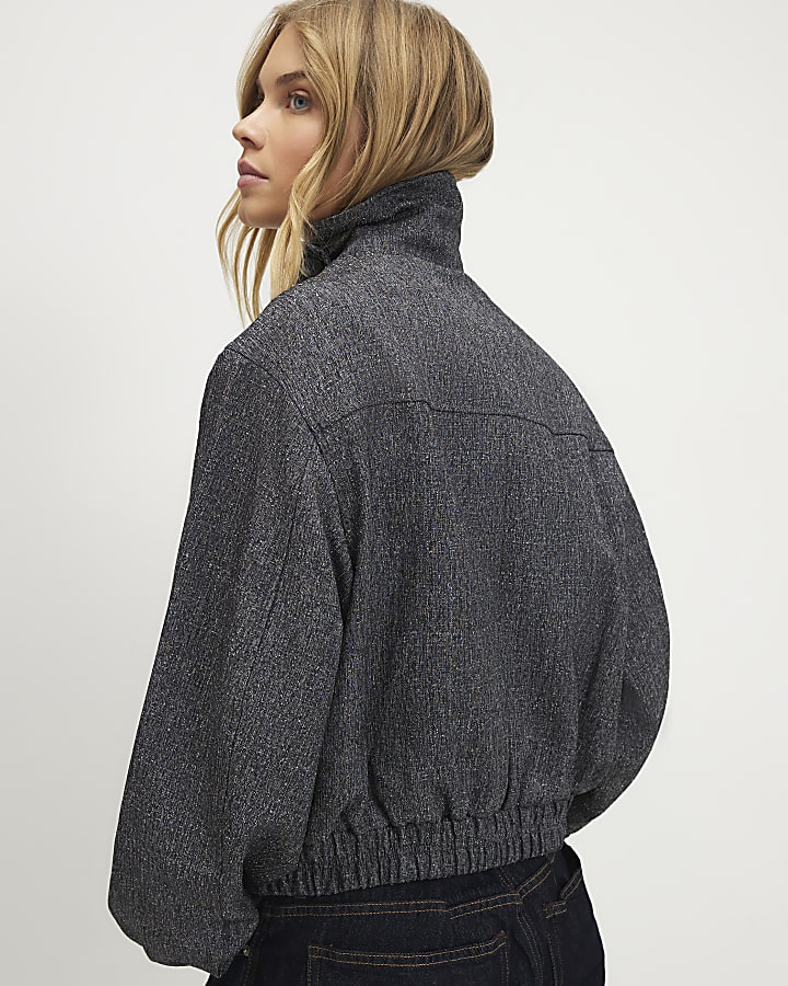 Black Funnel Neck Bubble Hem Bomber Jacket