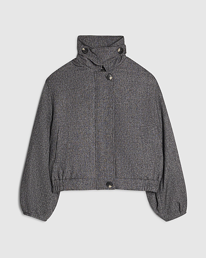 Black Funnel Neck Bubble Hem Bomber Jacket