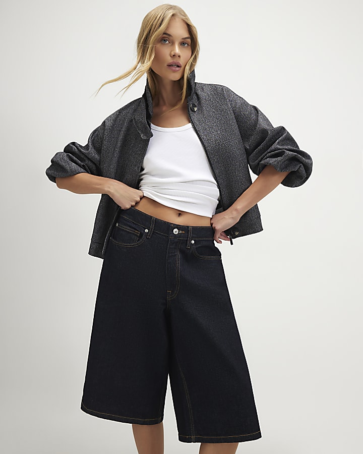 Black Funnel Neck Bubble Hem Bomber Jacket