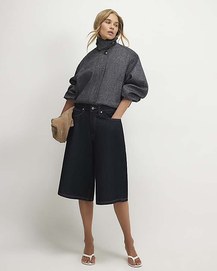 Black Funnel Neck Bubble Hem Bomber Jacket