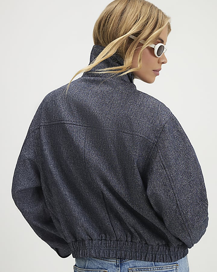 Blue Funnel Neck Bubble Hem Bomber Jacket