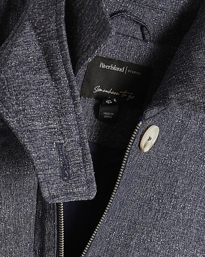 Blue Funnel Neck Bubble Hem Bomber Jacket