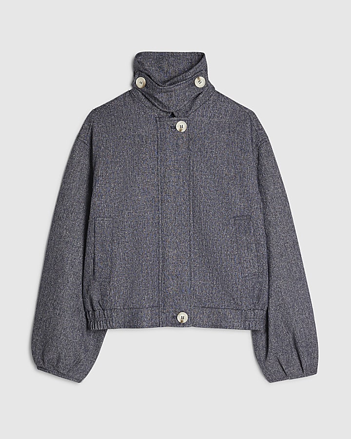 Blue Funnel Neck Bubble Hem Bomber Jacket