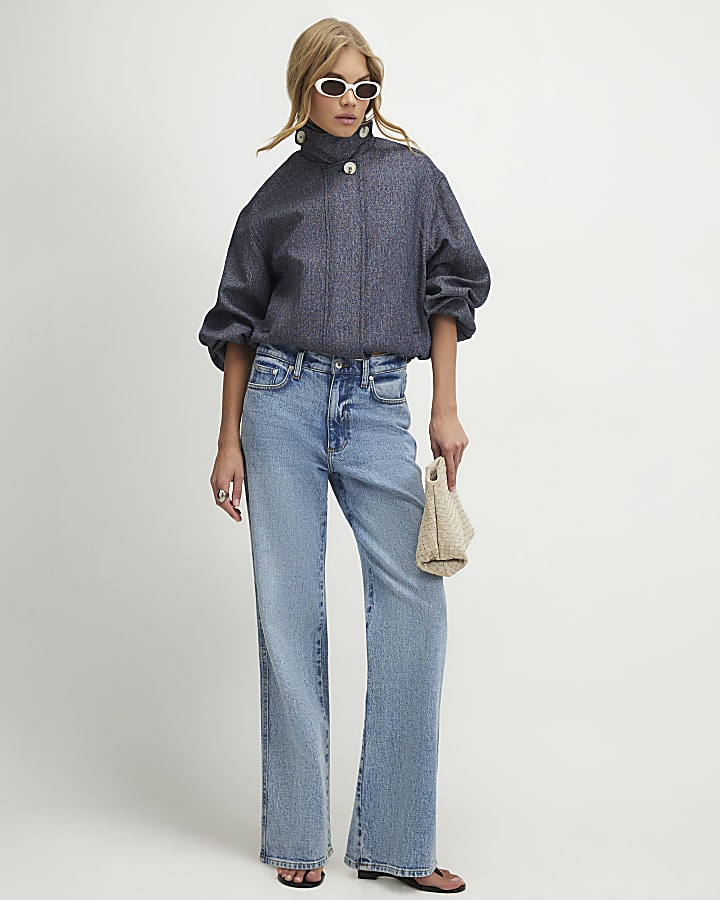 Blue Funnel Neck Bubble Hem Bomber Jacket