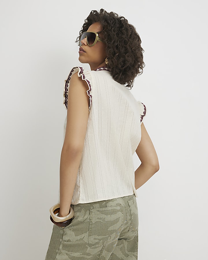 Cream Cotton Ruffle Embroidered Blouse