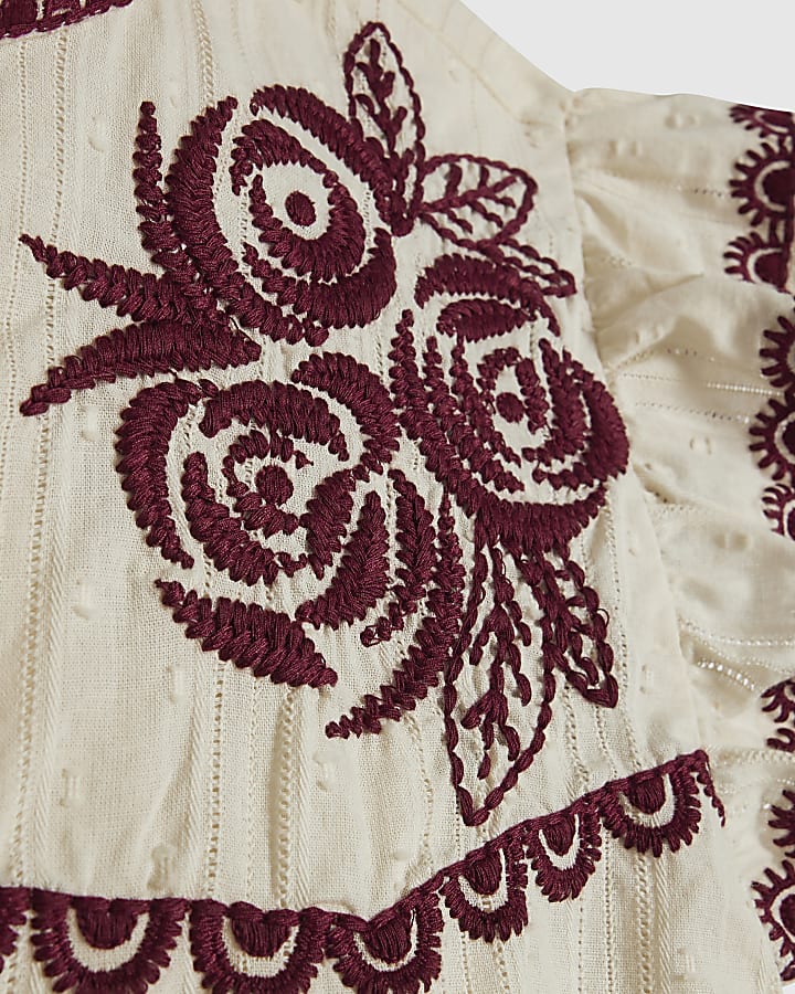 Cream Cotton Ruffle Embroidered Blouse