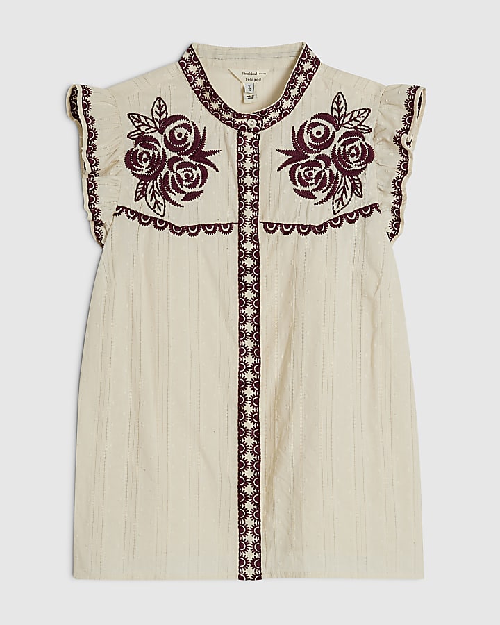 Cream Cotton Ruffle Embroidered Blouse