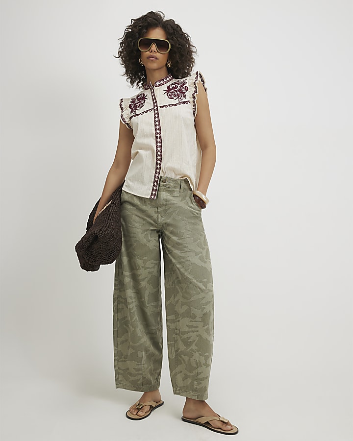 Cream Cotton Ruffle Embroidered Blouse