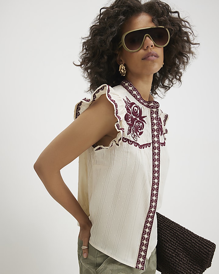 Cream Cotton Ruffle Embroidered Blouse