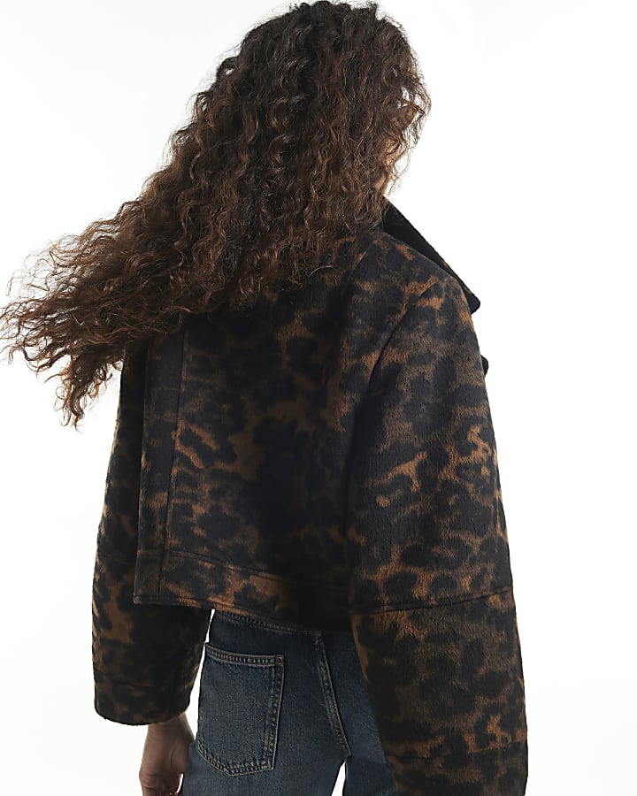 Brown Leopard Funnel Neck Jacket