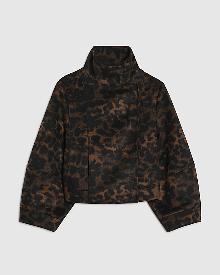 Brown Leopard Funnel Neck Jacket