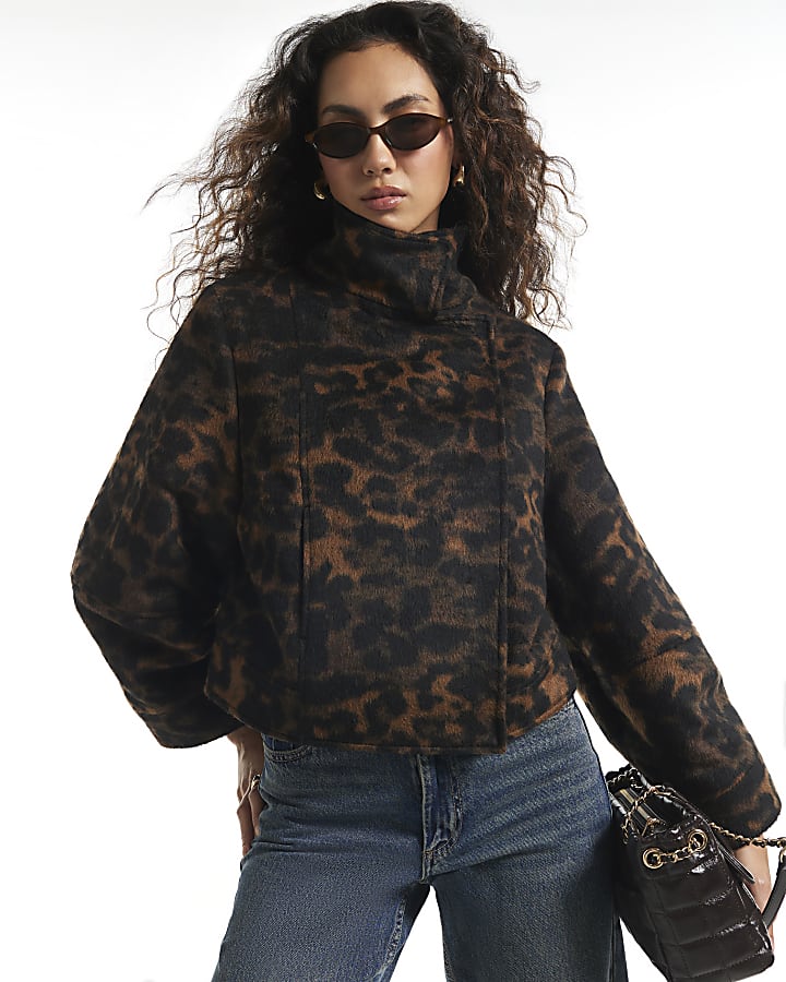 Brown Leopard Funnel Neck Jacket