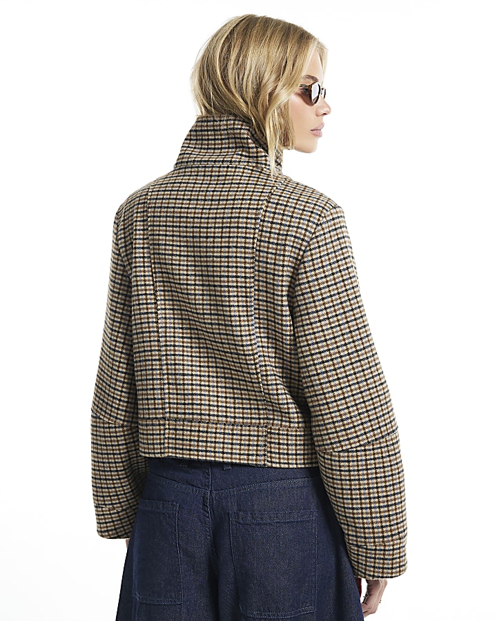 Brown Check Funnel Neck Cocoon Sleeve Jacket