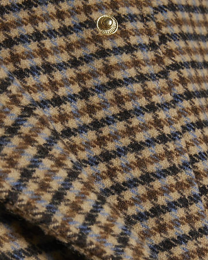 Brown Check Funnel Neck Cocoon Sleeve Jacket