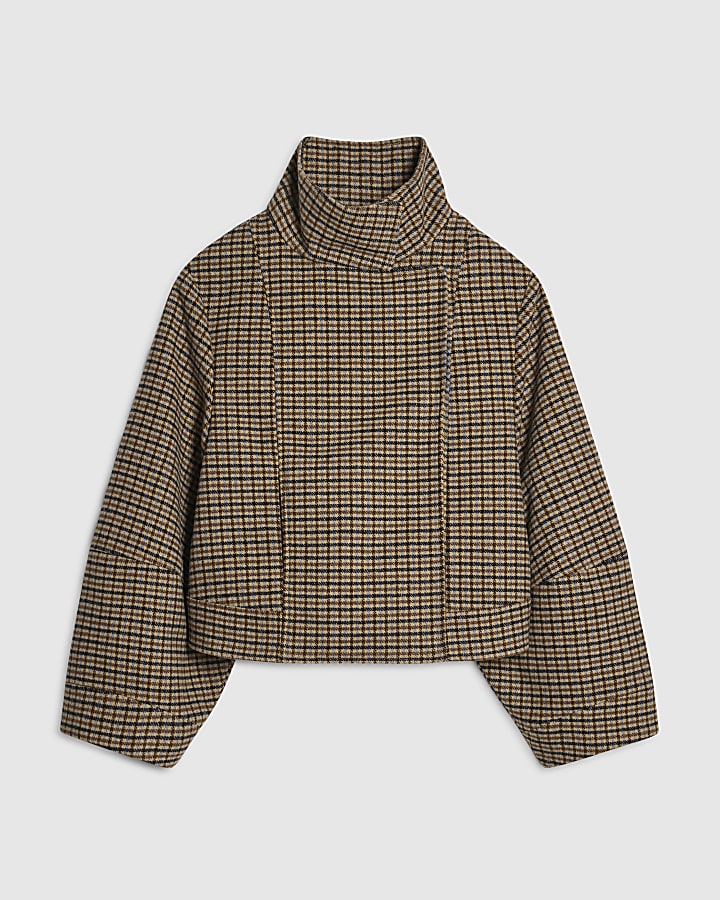 Brown Check Funnel Neck Cocoon Sleeve Jacket