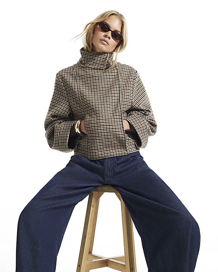 Brown Check Funnel Neck Cocoon Sleeve Jacket