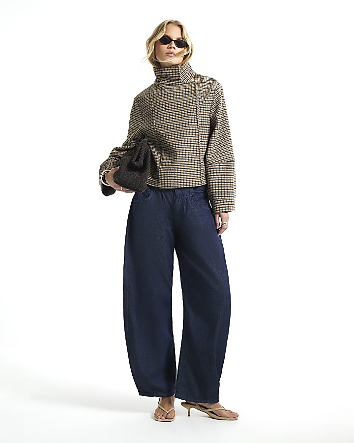Brown Check Funnel Neck Cocoon Sleeve Jacket
