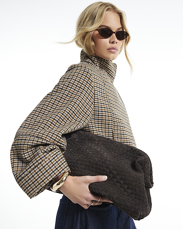 Brown Check Funnel Neck Cocoon Sleeve Jacket