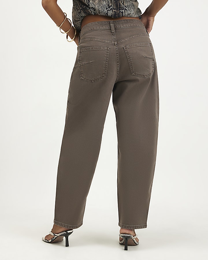 Petite Brown Mid Rise Barrel Leg Jeans