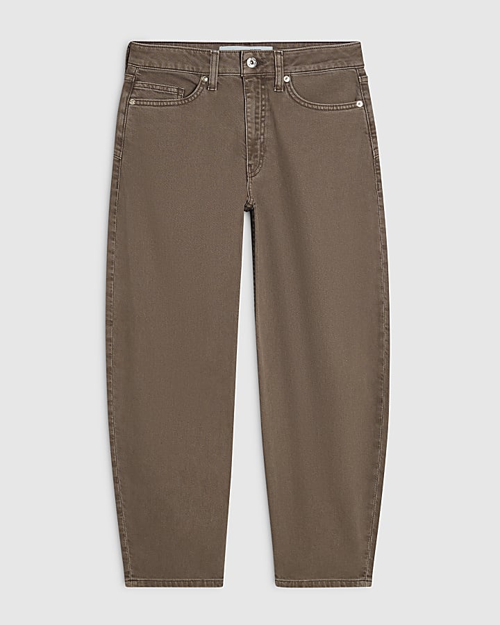 Petite Brown Mid Rise Barrel Leg Jeans