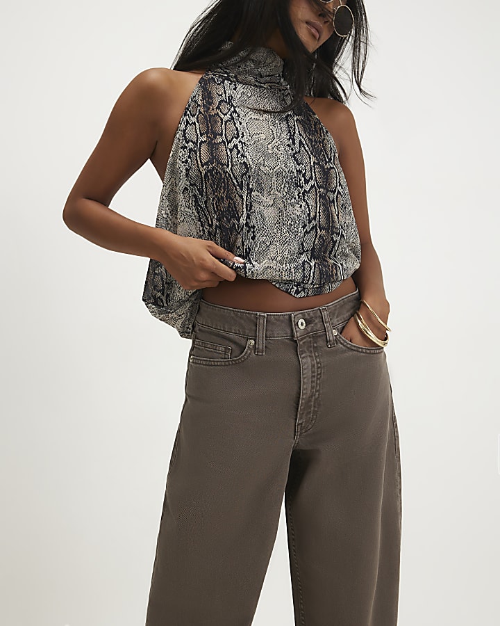 Petite Brown Mid Rise Barrel Leg Jeans
