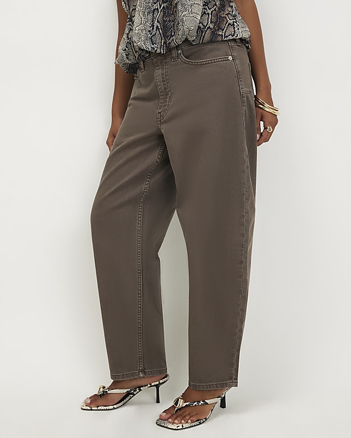 Petite Brown Mid Rise Barrel Leg Jeans