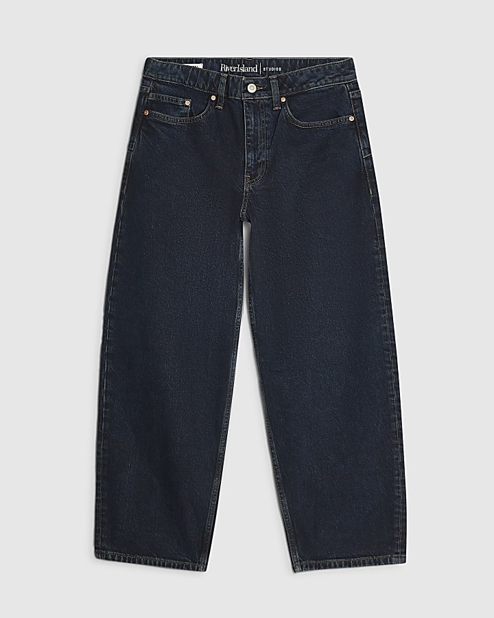 Petite Blue Mid Rise Core Barrel Leg Jeans