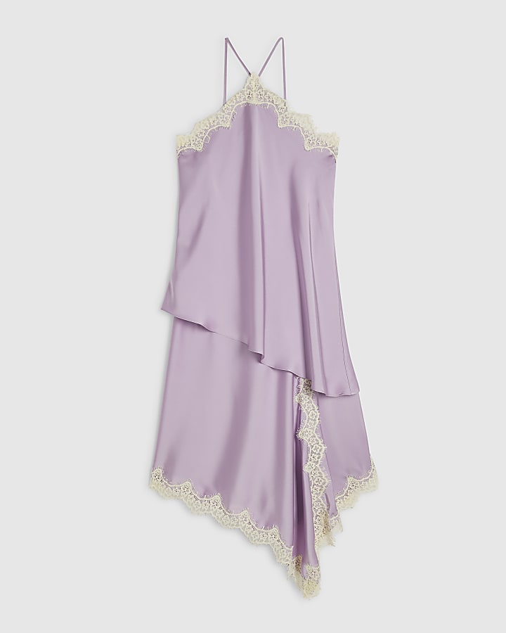 Purple Layered Lace Trim Satin Slip Dress
