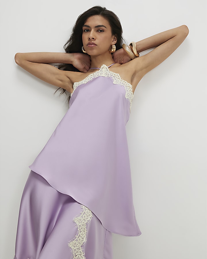Purple Layered Lace Trim Satin Slip Dress