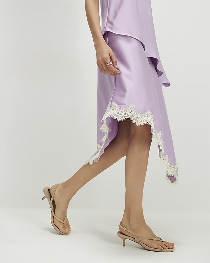 Purple Layered Lace Trim Satin Slip Dress
