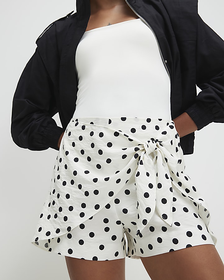 Cream Tie Front Polka Dot Skort