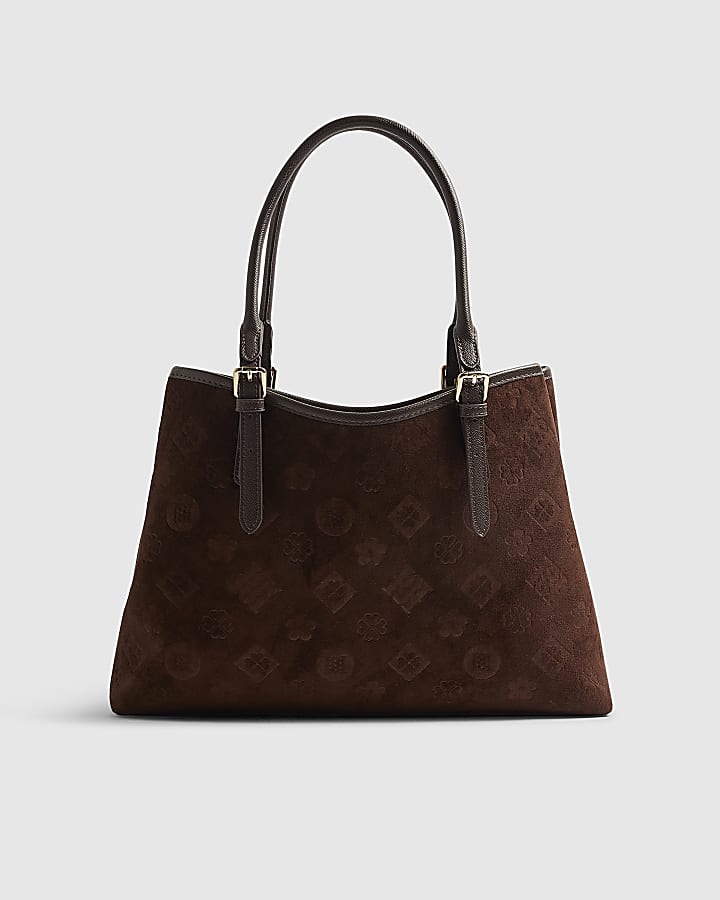 Brown Faux Suede Embossed Monogram Tote Bag