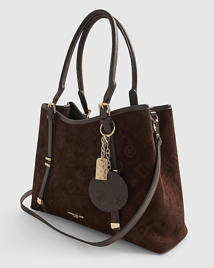Brown Faux Suede Embossed Monogram Tote Bag
