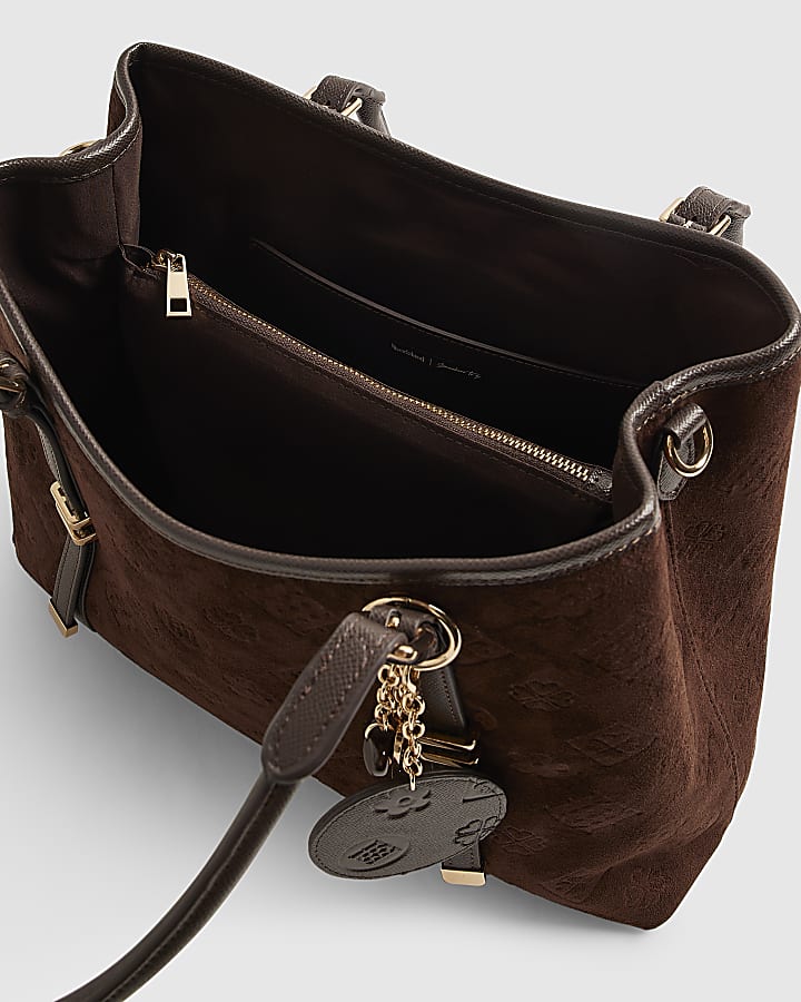 Brown Faux Suede Embossed Monogram Tote Bag