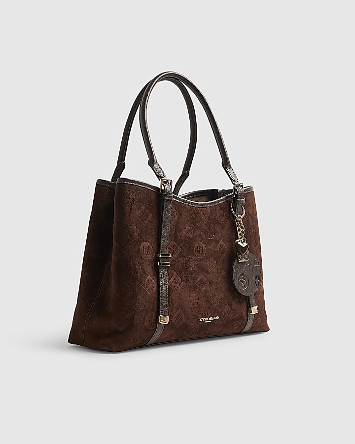 Brown Faux Suede Embossed Monogram Tote Bag