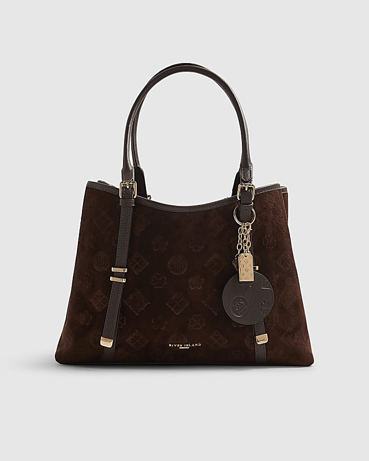 Brown Faux Suede Embossed Monogram Tote Bag