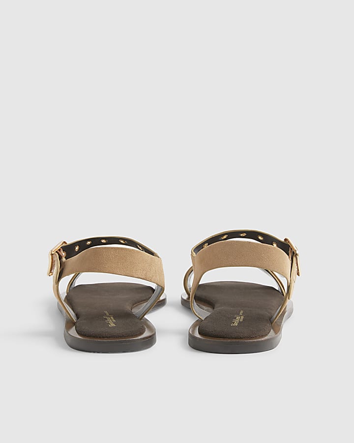 Beige Wide Fit Suede Buckle Flat Sandals