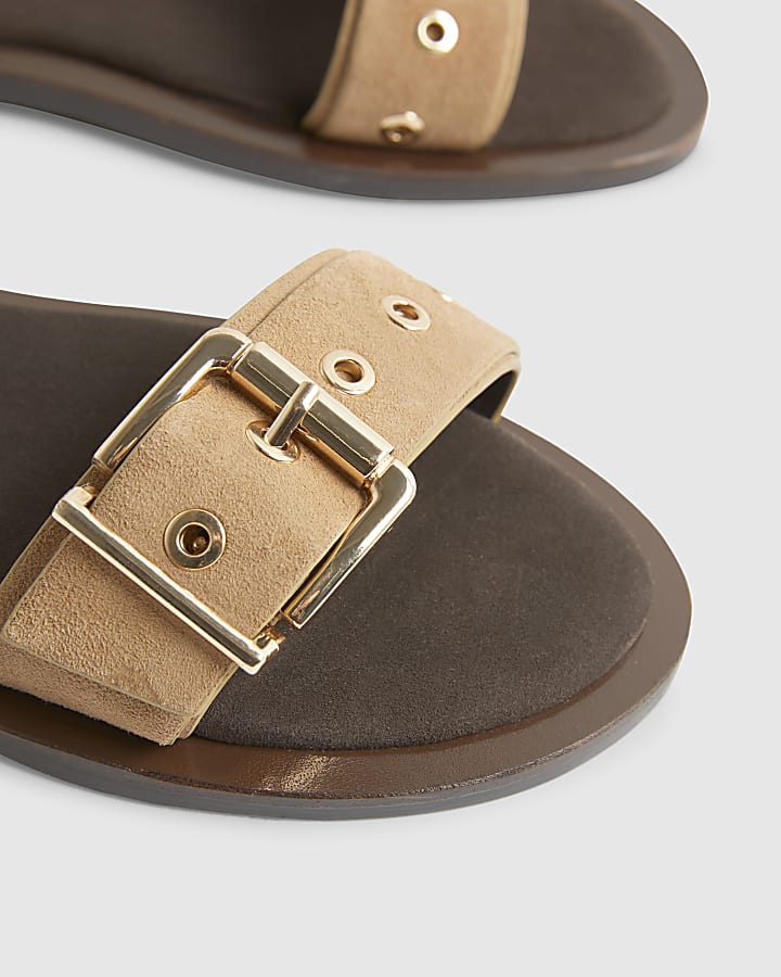 Beige Wide Fit Suede Buckle Flat Sandals