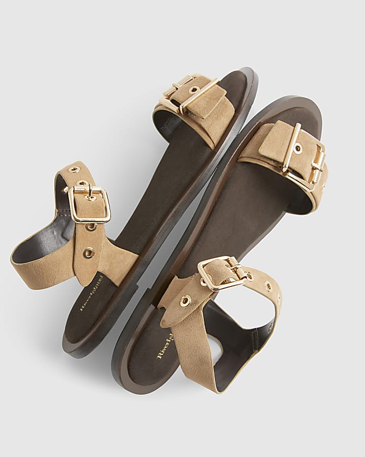 Beige Wide Fit Suede Buckle Flat Sandals