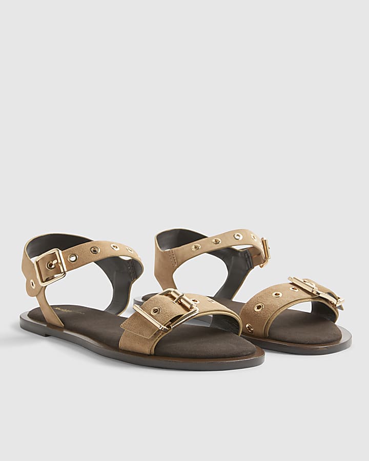 Beige Wide Fit Suede Buckle Flat Sandals