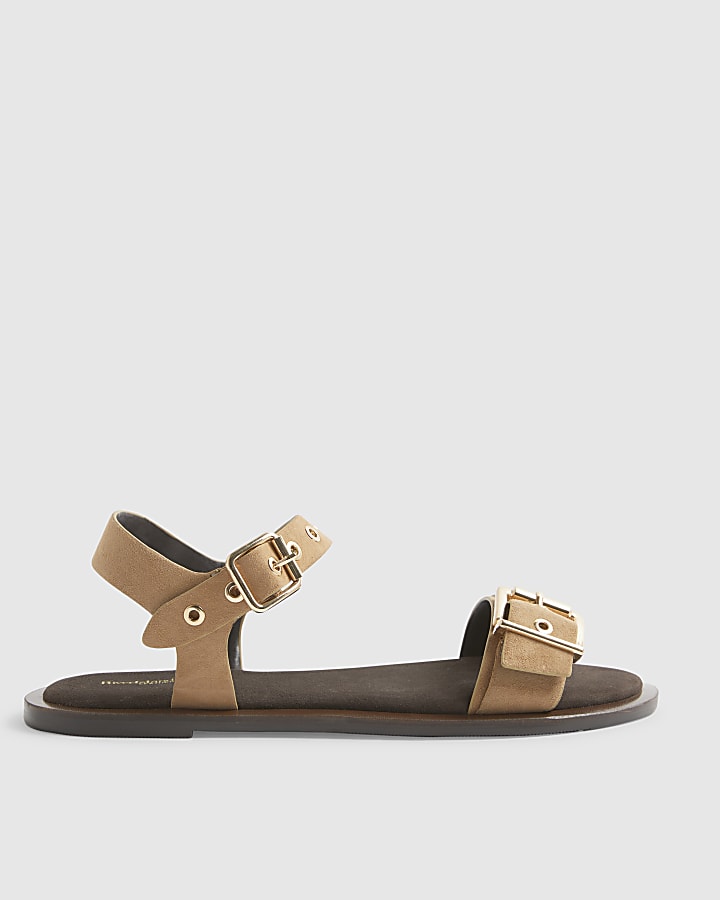 Beige Wide Fit Suede Buckle Flat Sandals