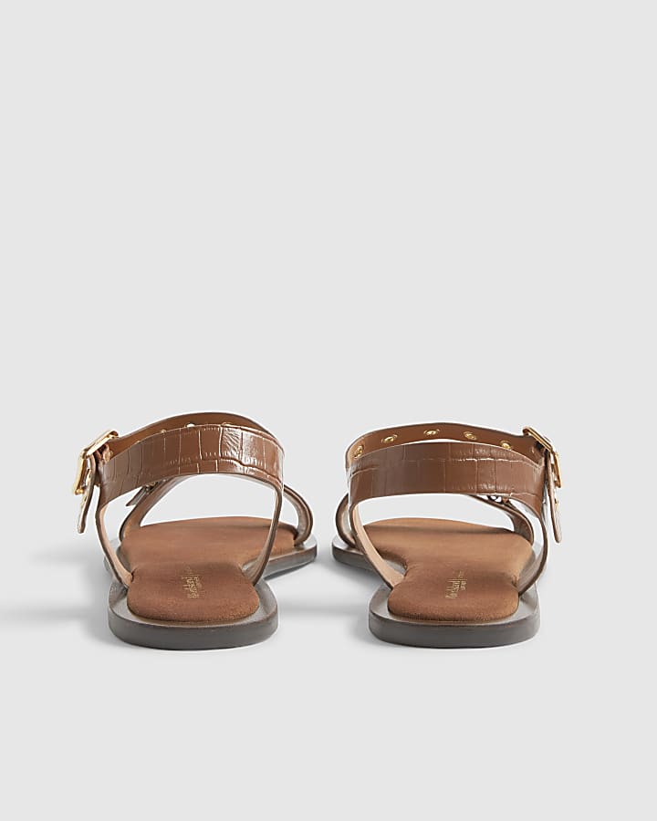 Brown Wide Fit Leather Buckle Flat Sandals